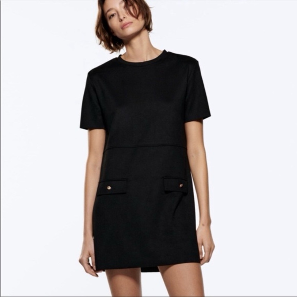 Zara Faux Suede Black Mini Dress with Short Sleeves